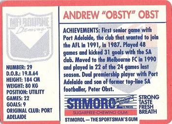 1991 Scanlens Stimorol #39 Andrew Obst Back